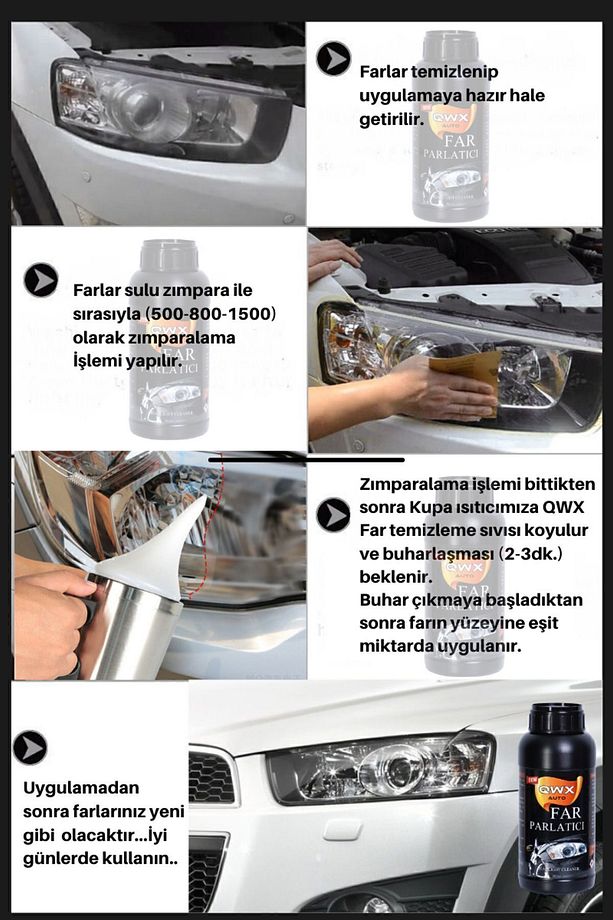 Buharlı Araba Far Temizleme Seti – 250ml Sıvı | 4 Zımpara | Kupa Isıtıcı | Profesyonel Parlatma - 4