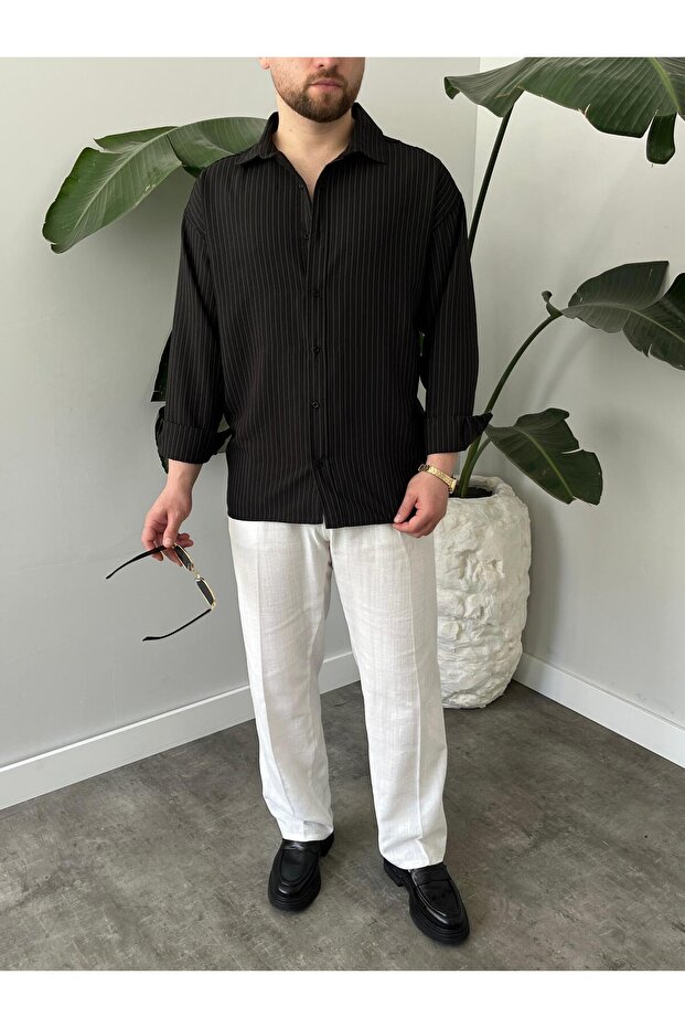 Çizgili Oversize Gömlek - 5