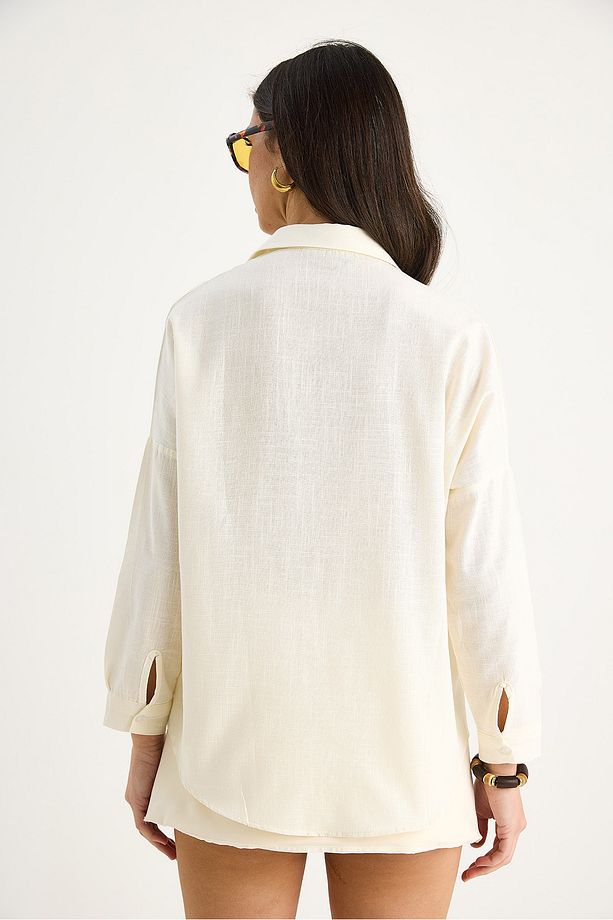Kadın Tek Cepli Oversize Keten Gömlek 25626 60284054 - 7