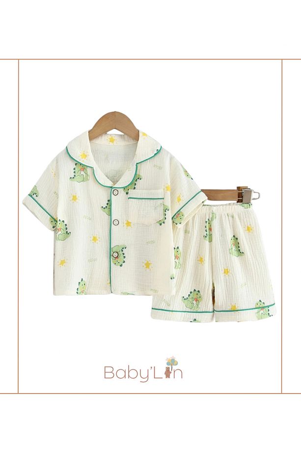 Müslin Kumaş %100 Pamuk Çocuk Pijama Takımı Sevimli Dinazor Desenli 100-110CM 3,5-5 Yaş / Kısa Kollu - 1