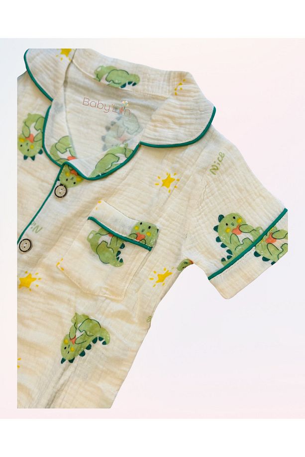 Müslin Kumaş %100 Pamuk Çocuk Pijama Takımı Sevimli Dinazor Desenli 100-110CM 3,5-5 Yaş / Kısa Kollu - 3