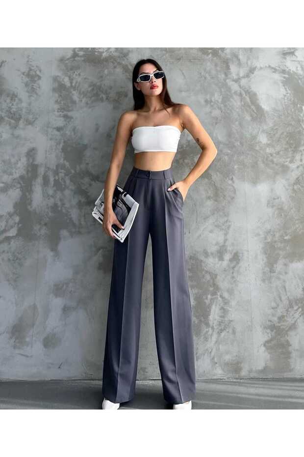 Women's Palazzo Pleated Wide Leg White Pantalon