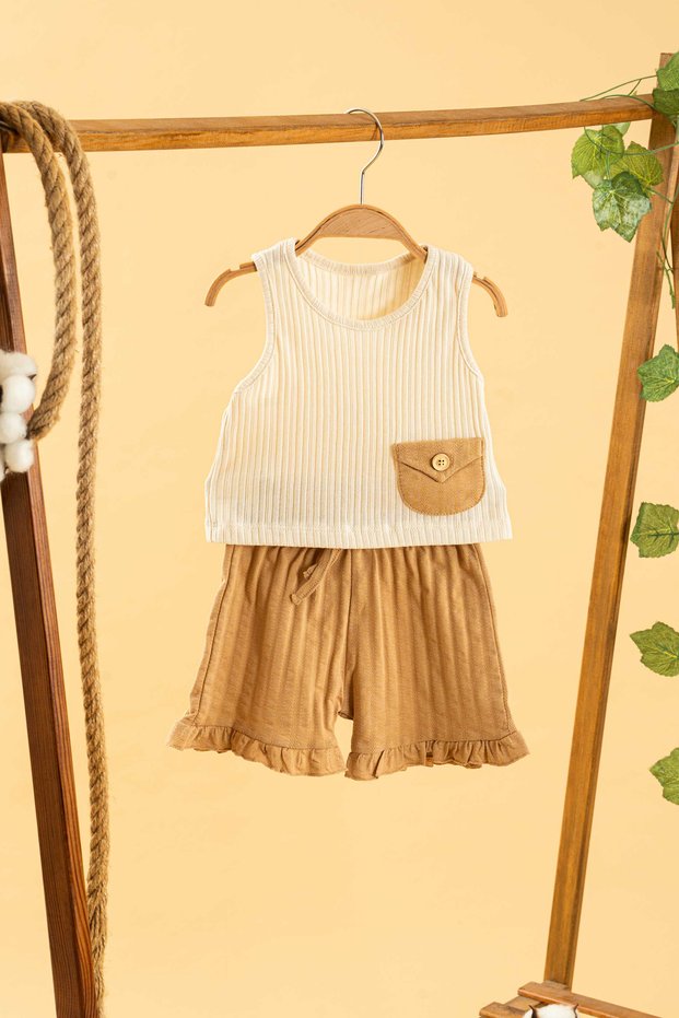 Baby Kids Girls Camel Cotton Shorts 2-Piece Set Trend Fashion Bottom Top Set