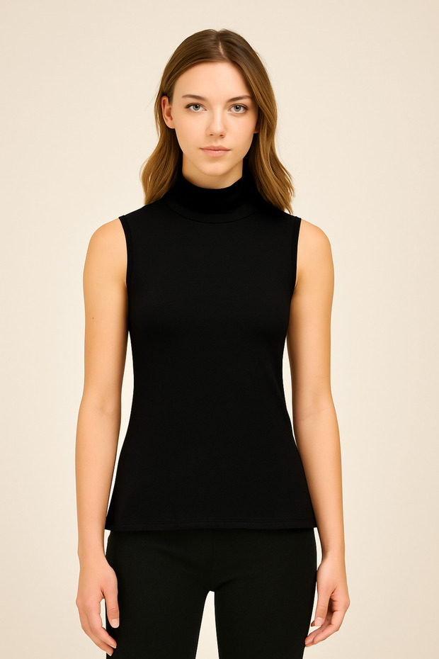 Women's Sleeveless Turtleneck Combed Cotton Blouse - Slim Fit Basic Body