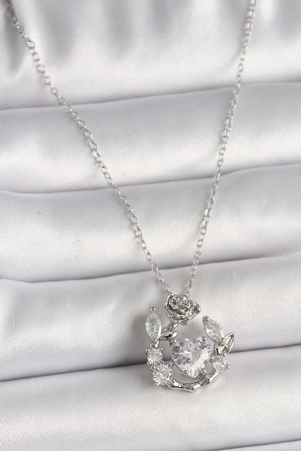 316L Steel Silver Color Chain Zircon Stone Heart Figure Rose Detail Women's Necklace Tj-Bko9809