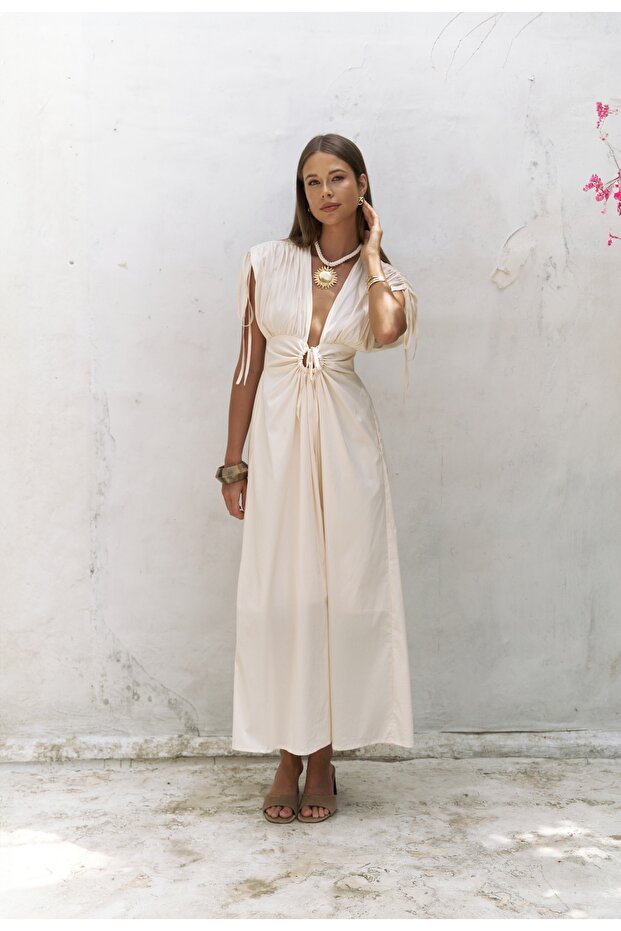 Manarola Gathered Detail Beige Long Dress