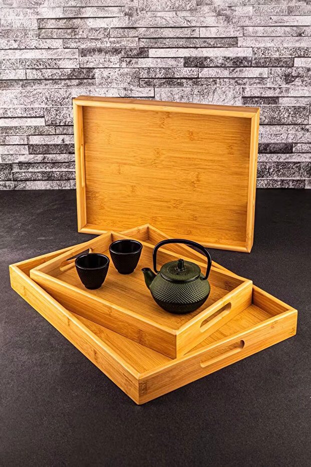 Marbella 3'lü Bambu Desen Tepsi - 1