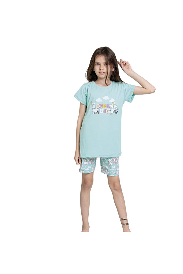 Elmas Kids Girl's Cotton Turquoise Rabbit Cloud Pattern Short Sleeve Shorts Summer Pajamas Set