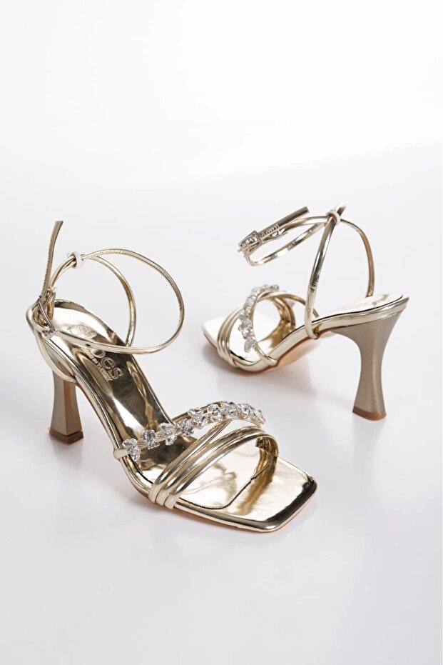 Stoned Women's Thin Heeled Evening Shoes Gold