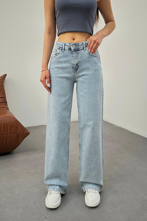 Kadın Buz Mavi Yüksek Bel Mini Taşlı Likralı Straight Jean - 3