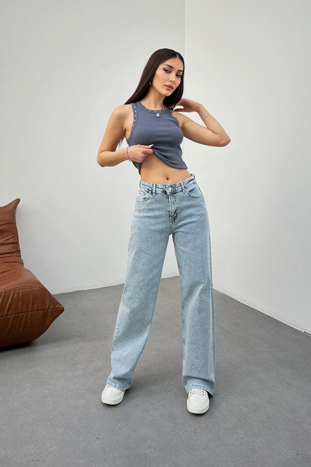 Kadın Buz Mavi Yüksek Bel Mini Taşlı Likralı Straight Jean - 6