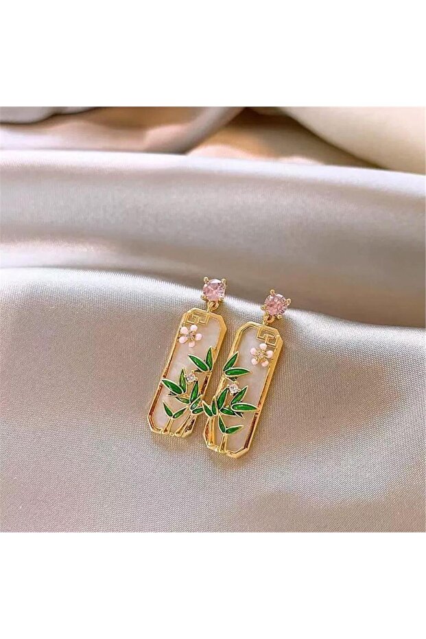Bamboo Leaf and Flower Pattern Rectangular Earrings - 1