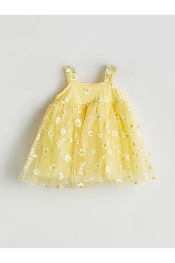 LCW baby Sari Kare Yaka Çiçekli Kız Bebek Elbise - 3