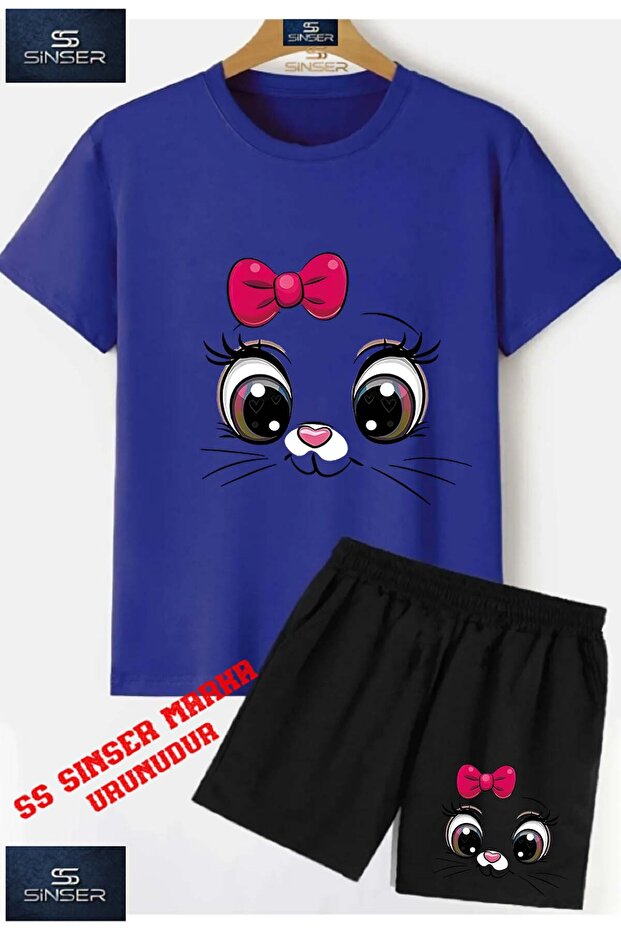 Children's "Cat Eye Pink Ribbon" Custom Printed Crew Neck T-Shirt - Shorts Set