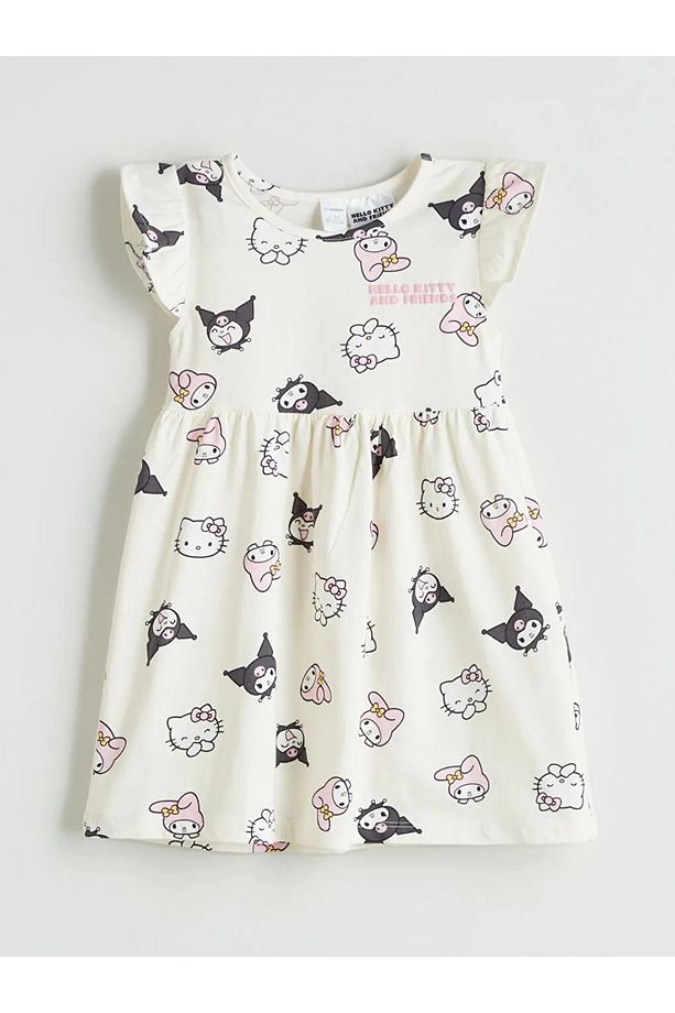 LCW Kids Ekru Hello Kitty Baskılı Kız Çocuk Penye Elbise - 1