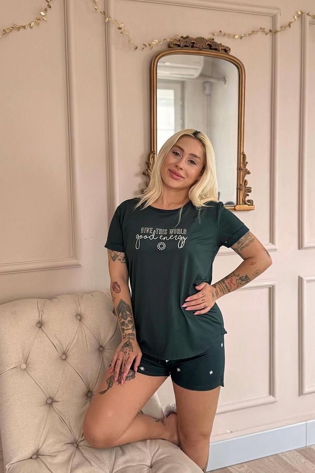 Zümrüt Good Energy Desenli Bambu Kısa Kol Kadın Şortlu Pijama Takımı - 5