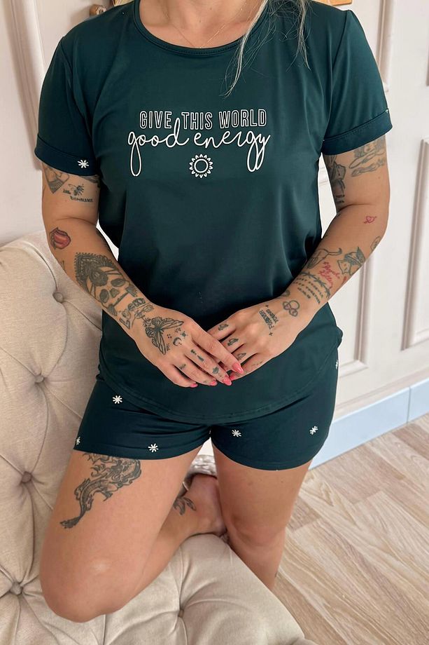 Zümrüt Good Energy Desenli Bambu Kısa Kol Kadın Şortlu Pijama Takımı - 6