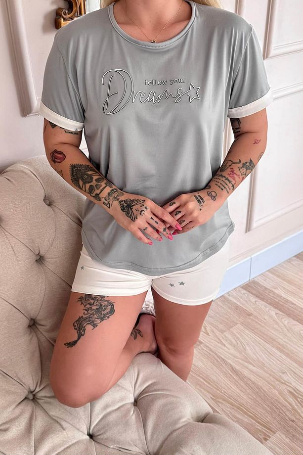 Ekru Dreams Desenli Bambu Kısa Kol Kadın Şortlu Pijama Takımı - 6