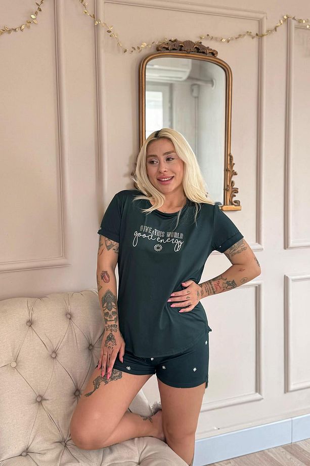Zümrüt Good Energy Desenli Bambu Kısa Kol Kadın Şortlu Pijama Takımı - 4