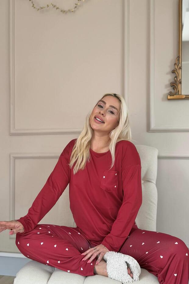 Bordo Kalp Desenli Bambu Uzun Kol Kadın Pijama Takımı - 3