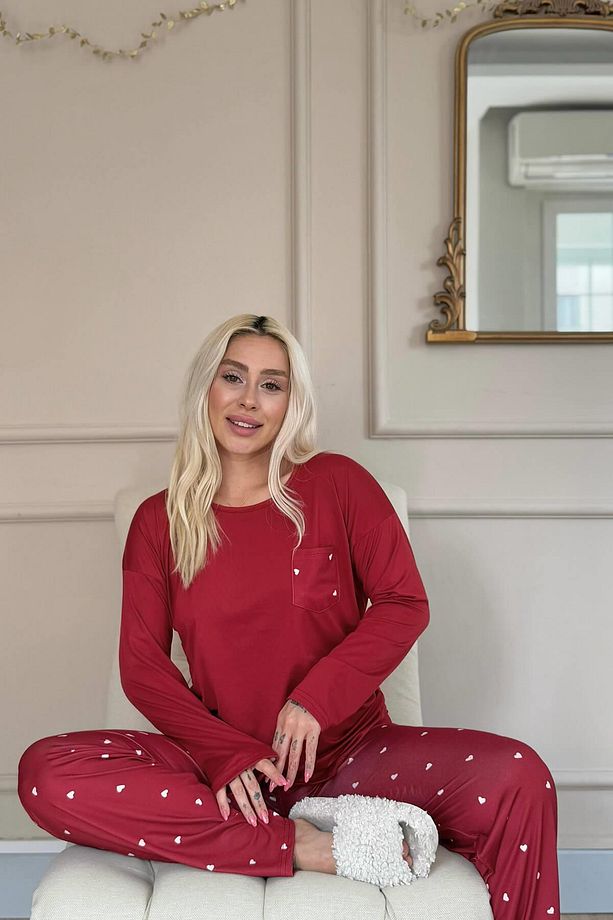 Bordo Kalp Desenli Bambu Uzun Kol Kadın Pijama Takımı - 4