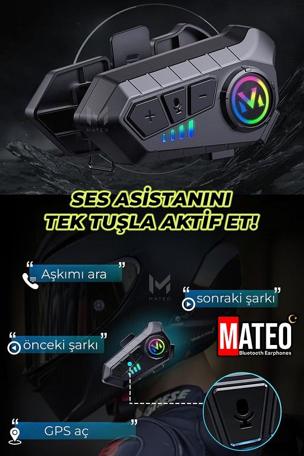 Kask İçi Kulaklık İntercom | RGB Işıklı | Mikrofon | Gürültü Engelleme | Tüm Kasklara Uyumlu - 6