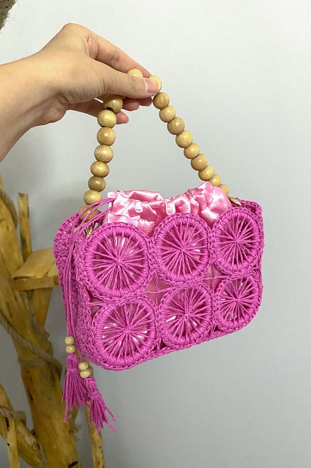 Pembe Saten Astarlı Hasır Çanta - 5