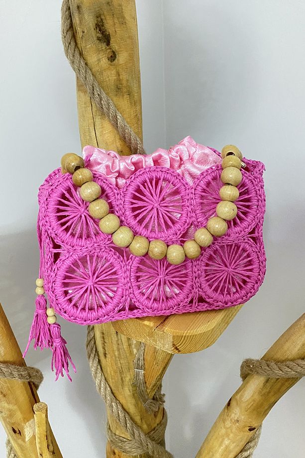 Pembe Saten Astarlı Hasır Çanta - 2