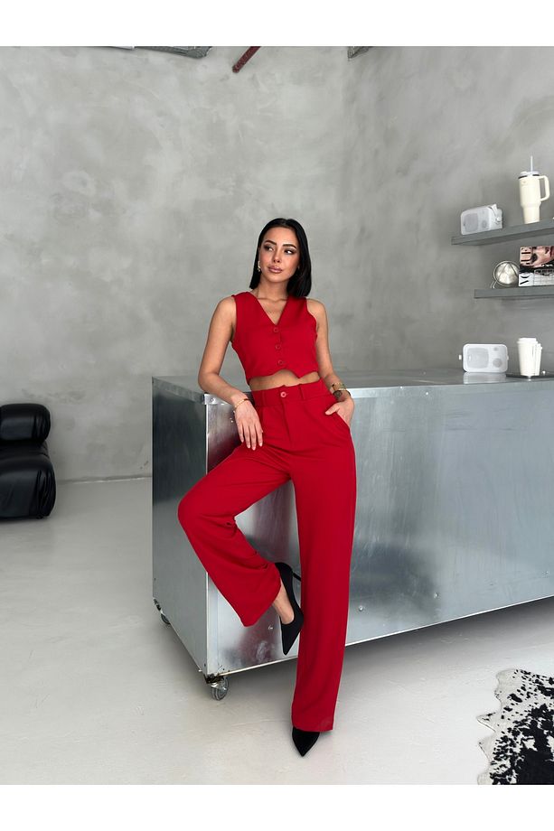 Kadın Krep Kumaş Yelek Yüksek Bel Pantolon Takım - 4