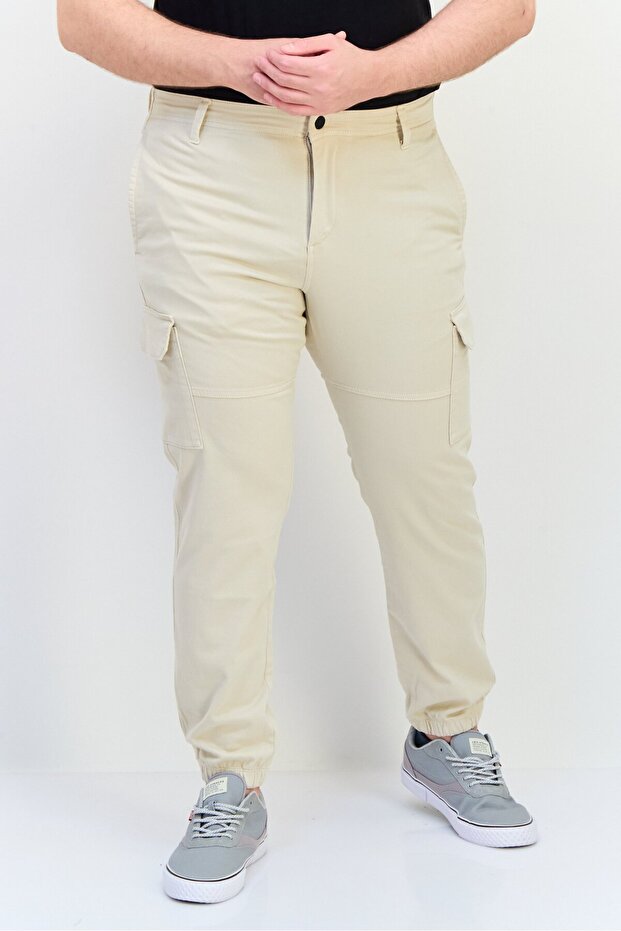 Men Regular Fit Solid Cargo Pants, Beige - 1