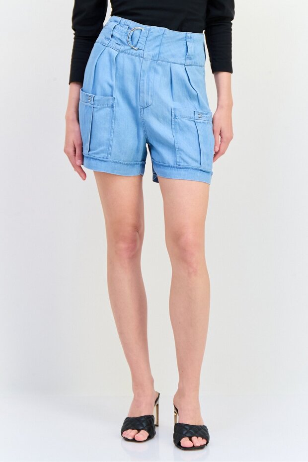 Women Washed Basic Shorts, Light Blue - 1