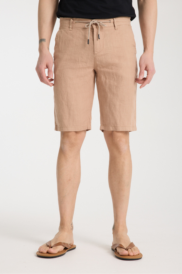 Dark Beige 100% Linen Shorts with Elastic Waist