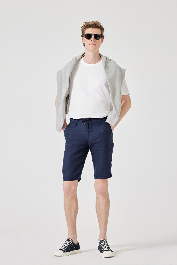 Dark Navy Blue Elastic Waist 100% Linen Shorts