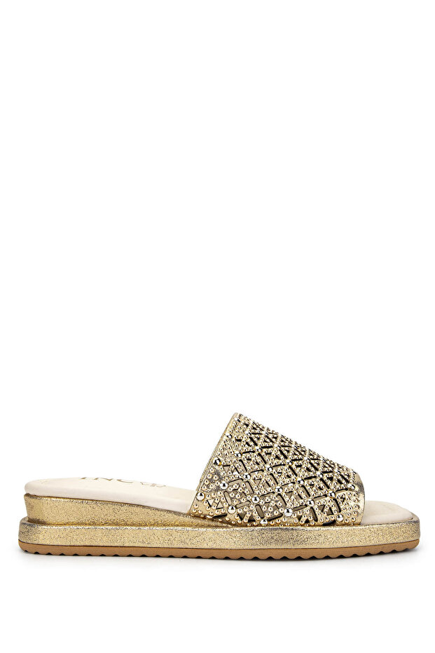 Women's Genuine Leather Gold Heeled Slippers