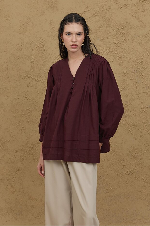 Nervürlü Gömlek Bordo - 1