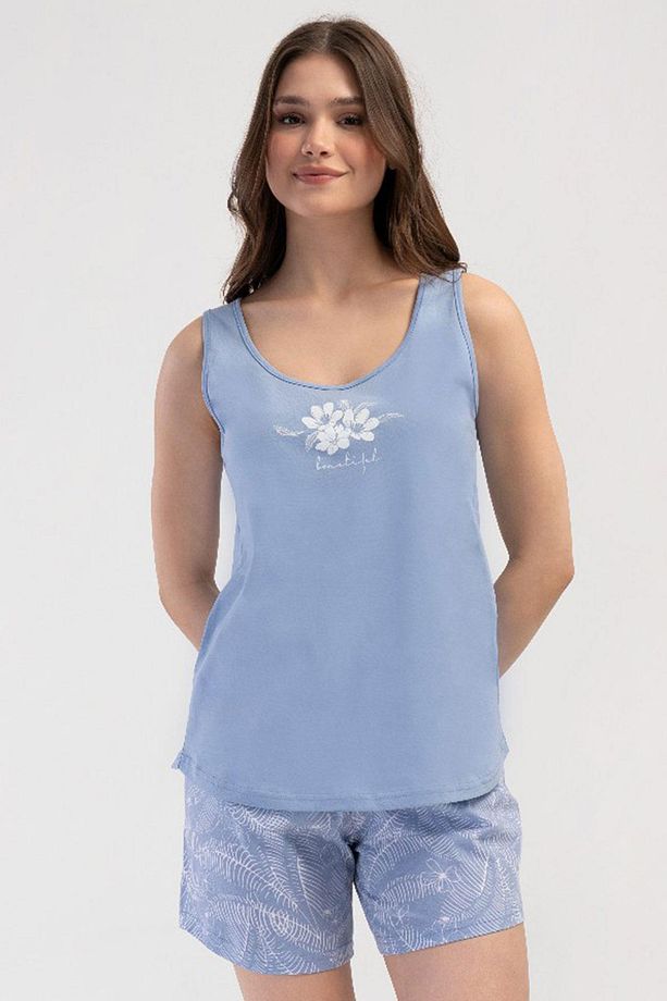 Kadın Geniş Askı Mavi Şortlu Pijama Takım C4T2N3O804 - 2