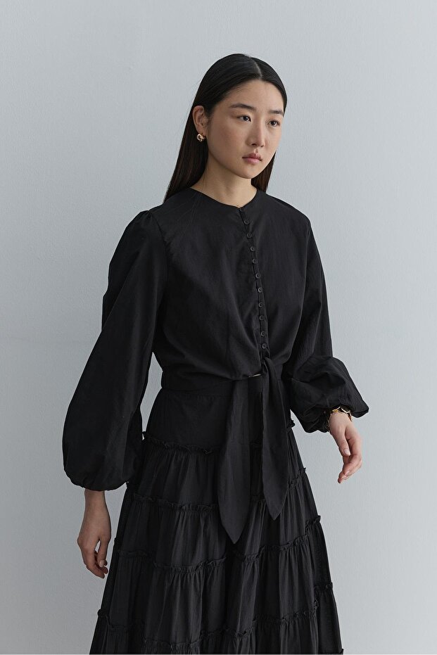 Brit Düğmeli Üst Siyah - 5