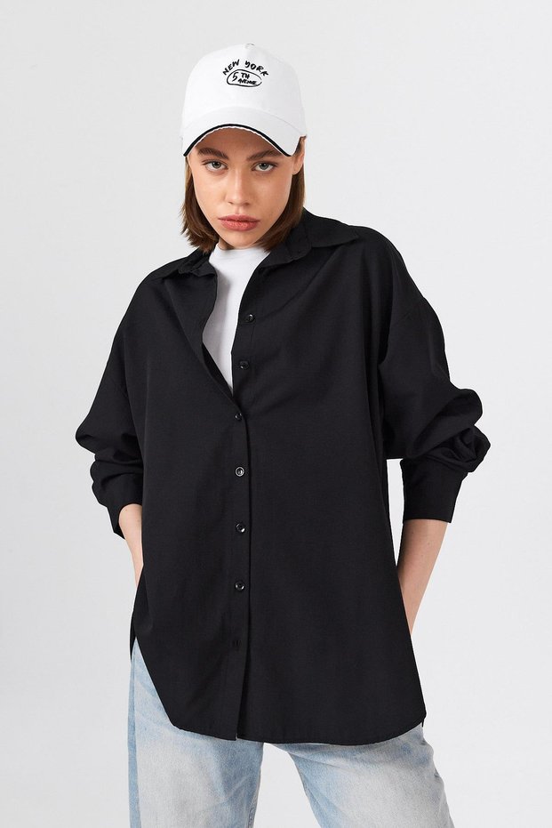 Μαύρο Oversize Basic Μακρύ Πουκάμισο 4664A