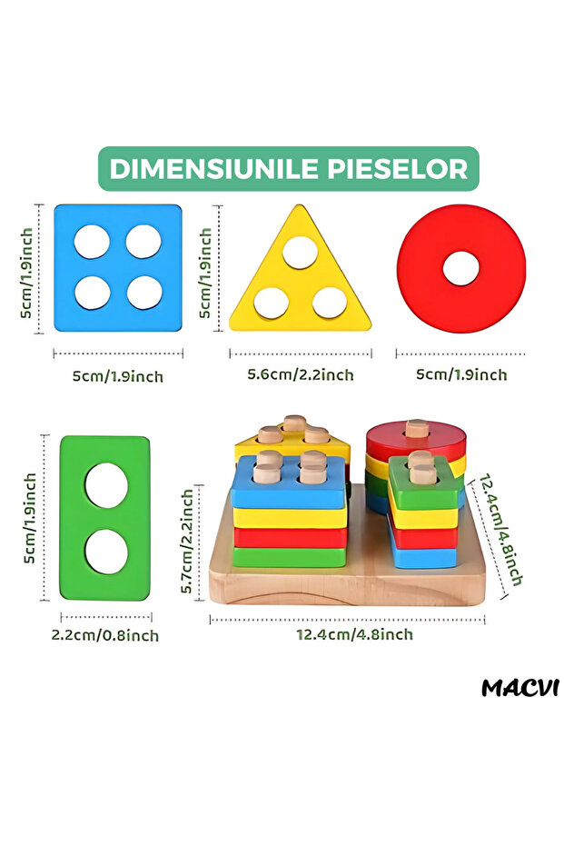 Macvi® Sorting Toy for Kids, 16 Pieces, Geometric Shapes, 4 Sorting Columns - 3