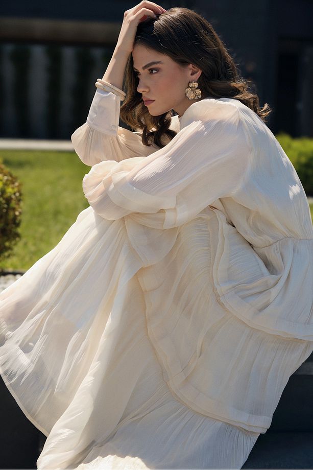 Rebecca İpek Elbise- KREM - 5