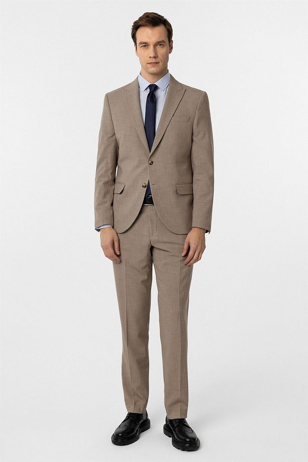 Sütlü Kahve Slim Fit Desenli Sivri Yaka 6 Drop Klasik Takım Elbise - 1