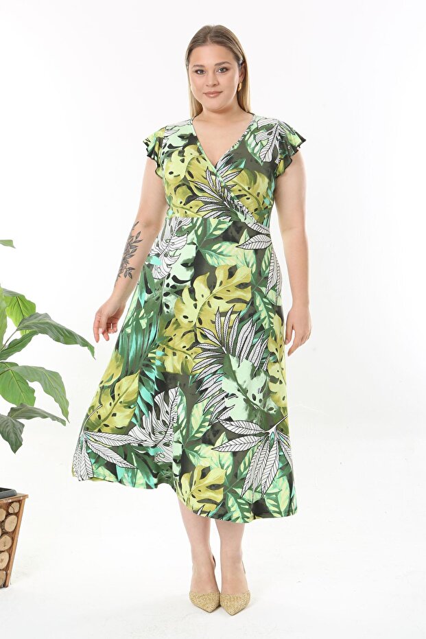 Women's Green White Tropical Pattern Ruffle Sleeve Double Breasted Collar Large Size Maxi Dress