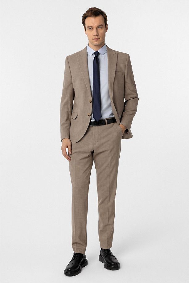 Sütlü Kahve Slim Fit Desenli Sivri Yaka 6 Drop Klasik Takım Elbise - 2