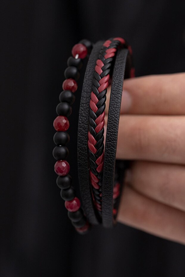 Men's Bracelet - Men's Leather Bracelet - Men's Beaded Bracelet - Red and Black Leather and Bead Combination Bracelet