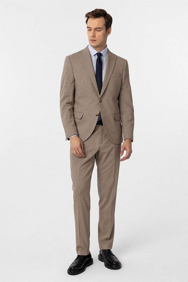 Sütlü Kahve Slim Fit Desenli Sivri Yaka 6 Drop Klasik Takım Elbise - 3