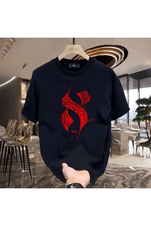 Ethnic Patterned Red Letter Printed Oversize Men's T-Shirt