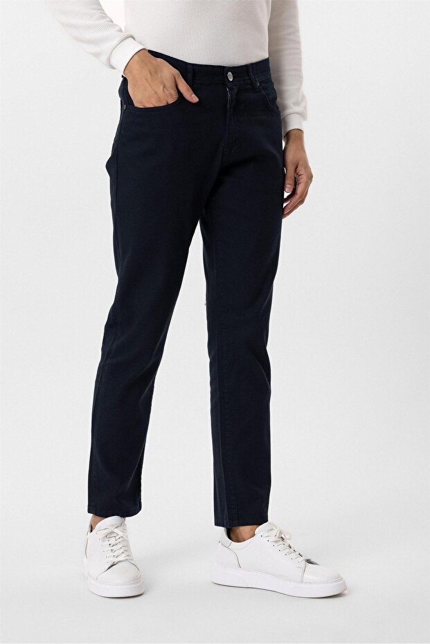 Lacivert Regular Armürlü Kanvas Pantolon - 1