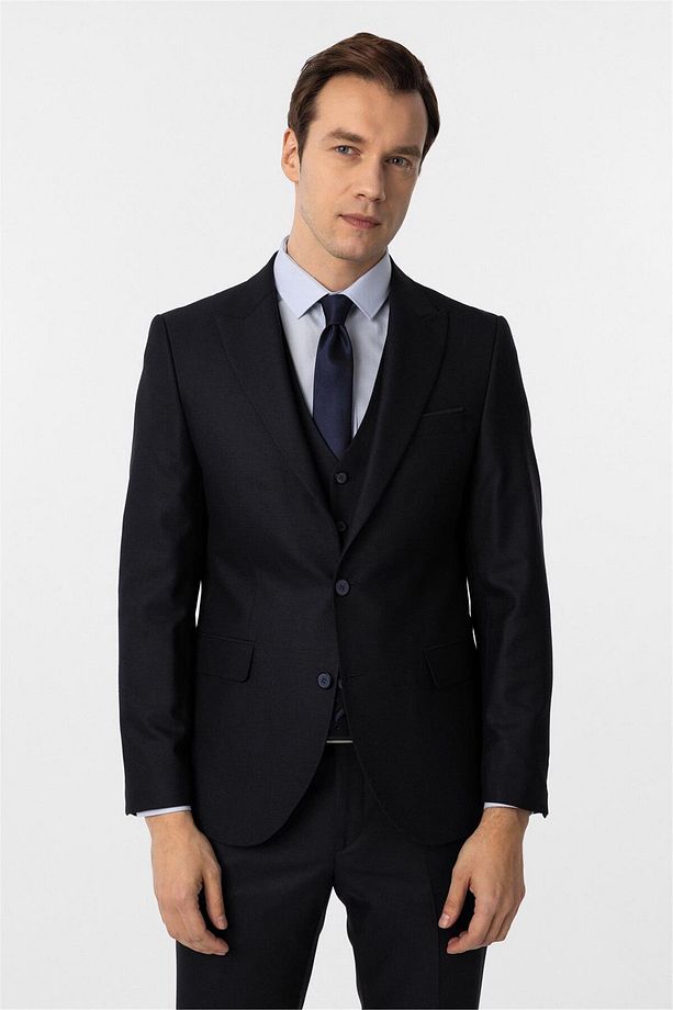 Lacivert Slim Fit Desenli Sivri Yaka 6 Drop Yelekli Klasik Takım Elbise - 5