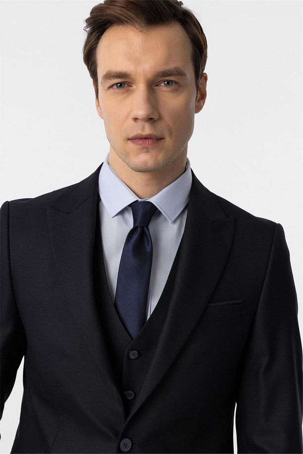 Lacivert Slim Fit Desenli Sivri Yaka 6 Drop Yelekli Klasik Takım Elbise - 6