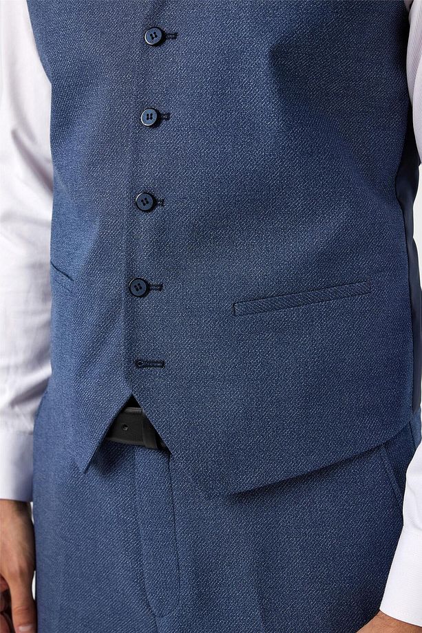 Parlament Mavi Slim Fit Desenli Mono Yaka 6 Drop Yelekli Klasik Takım Elbise - 7